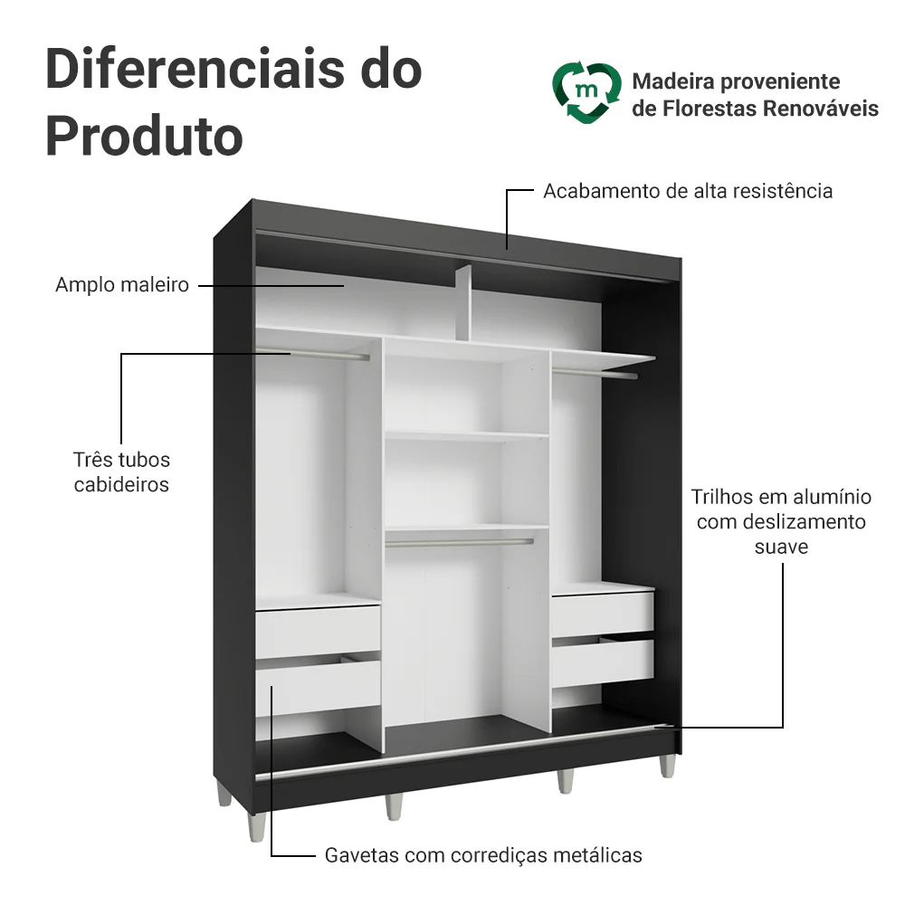 Guarda-Roupa Casal com Pés 3 Portas de Correr com Espelhos Preto/Rustic Reno Madesa - Image 4