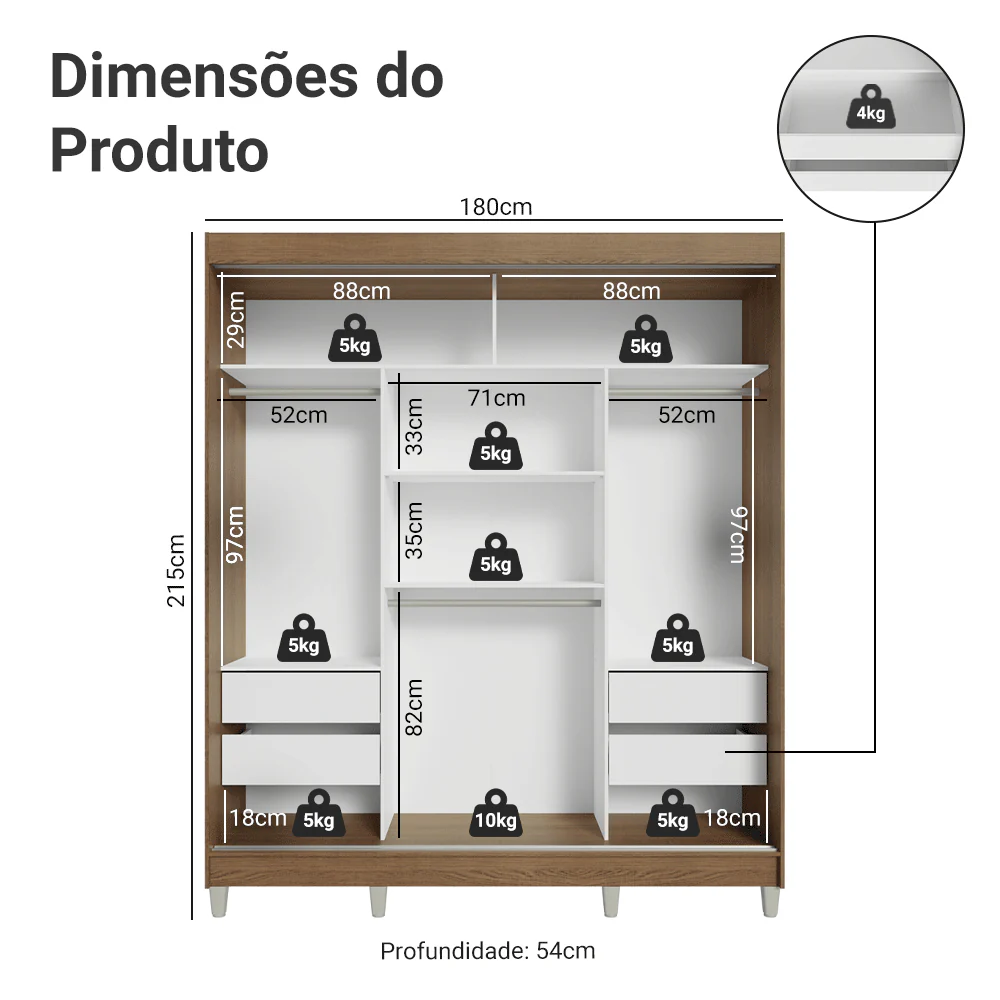 Guarda-Roupa Casal com Pés 3 Portas de Correr com Espelhos Rustic Reno Madesa - Image 3