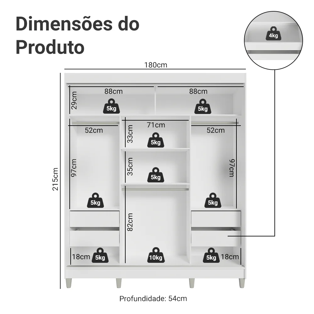 Guarda-Roupa Casal com Pés 3 Portas de Correr de Espelho Branco/Preto Reno Madesa - Image 3