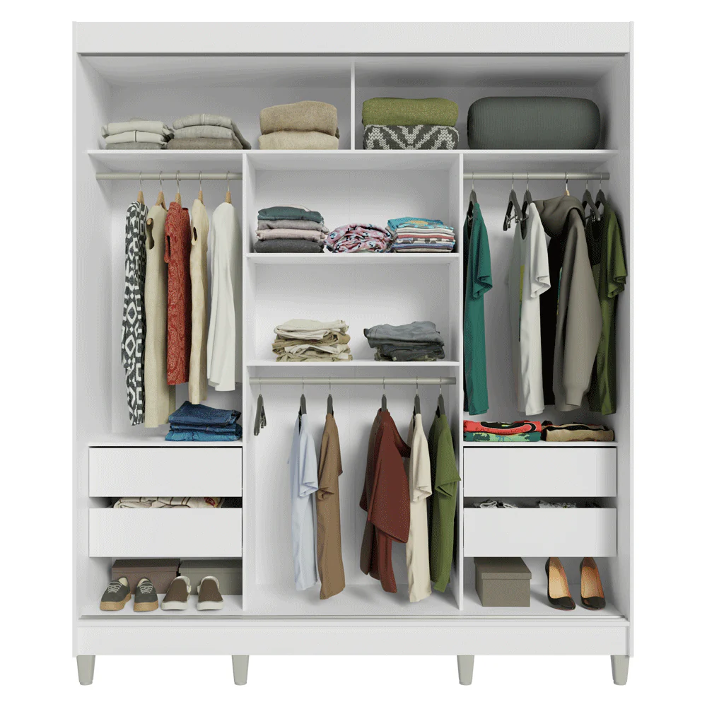 Guarda-Roupa Casal com Pés 3 Portas de Correr de Espelho Branco Reno Madesa - Image 7