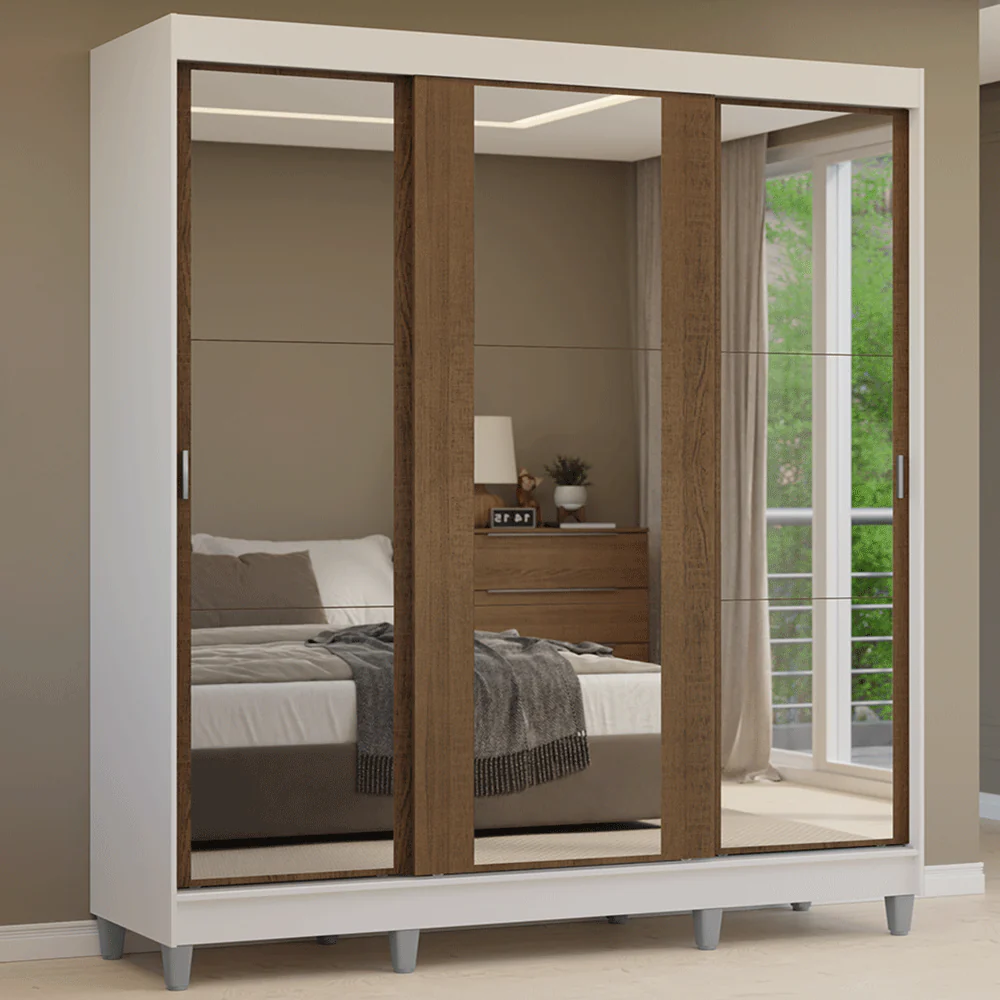 Guarda-Roupa Casal com Pés 3 Portas de Correr de Espelho Branco/Rustic Reno Madesa