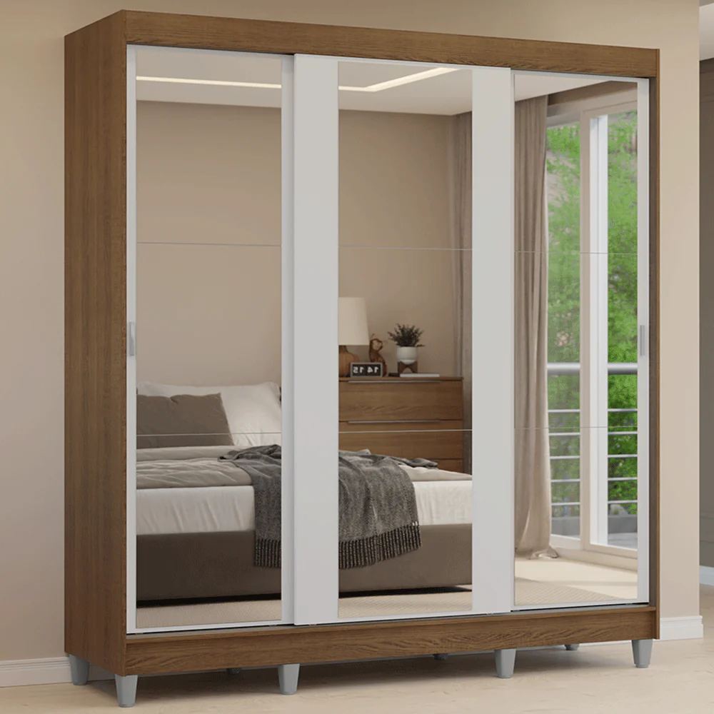 Guarda-Roupa Casal com Pés 3 Portas de Correr de Espelho Rustic/Branco Reno Madesa