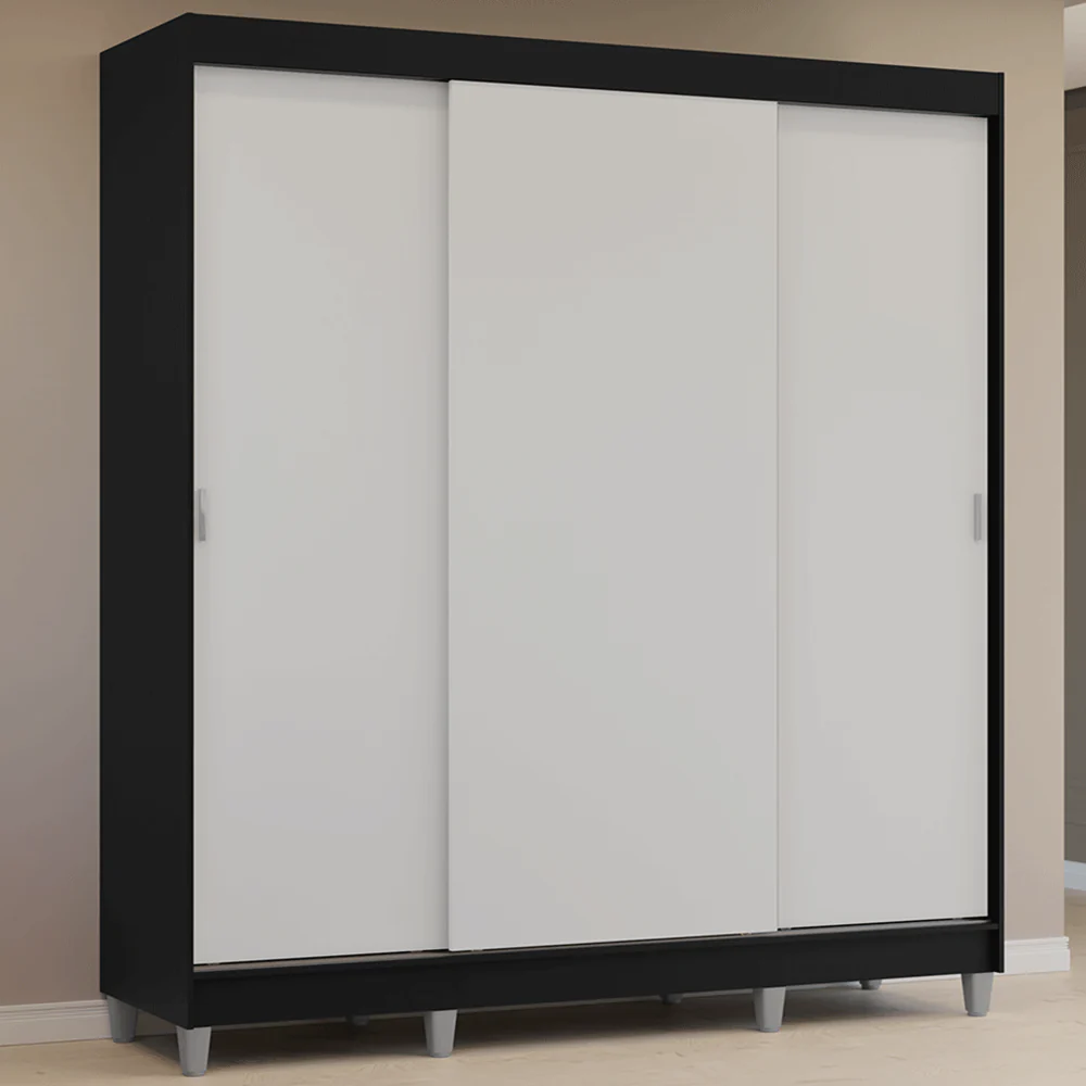 Guarda-Roupa Casal com Pés 3 Portas de Correr Preto/Branco Reno Madesa