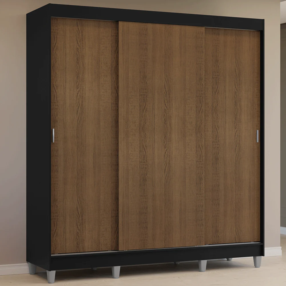 Guarda-Roupa Casal com Pés 3 Portas de Correr Preto/Rustic Reno Madesa