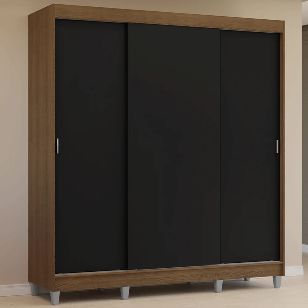 Guarda-Roupa Casal com Pés 3 Portas de Correr Rustic/Preto Reno Madesa