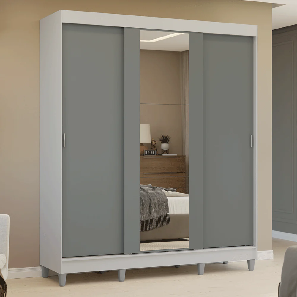 Guarda-Roupa Casal com Pés 3 Portas de Correr com Espelho Branco/Cinza Reno Madesa