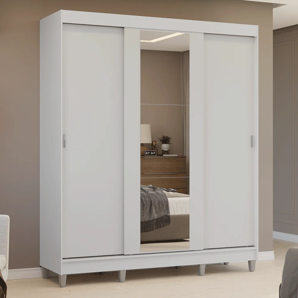Guarda-Roupa Casal com Pés 3 Portas de Correr com Espelho Branco Reno Madesa