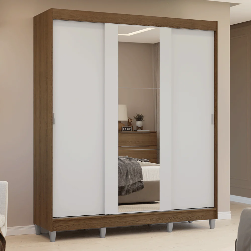 Guarda-Roupa Casal com Pés 3 Portas de Correr com Espelho Rustic/Branco Reno Madesa