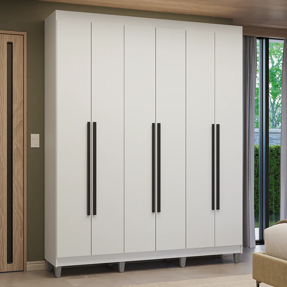 Guarda-Roupa Casal com Pés 6 Portas Batentes Branco/Branco/Preto Venus Madesa