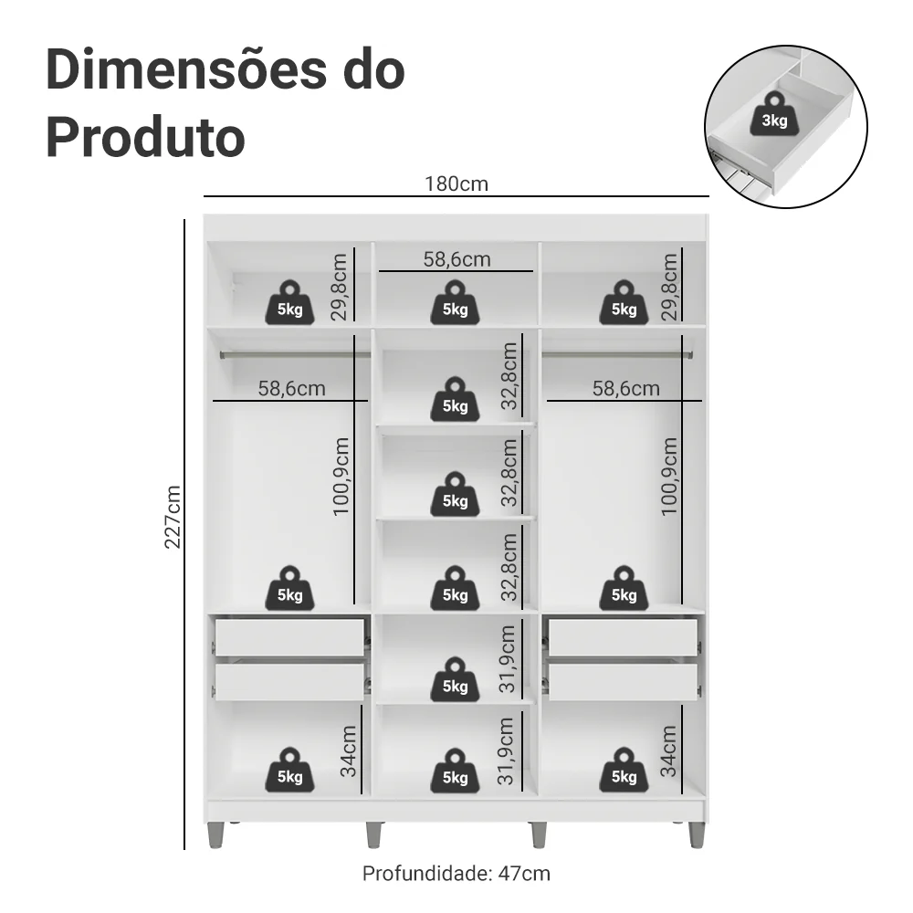 Guarda-Roupa Casal com Pés 6 Portas Batentes Branco/Branco/Rustic Venus Madesa - Image 3
