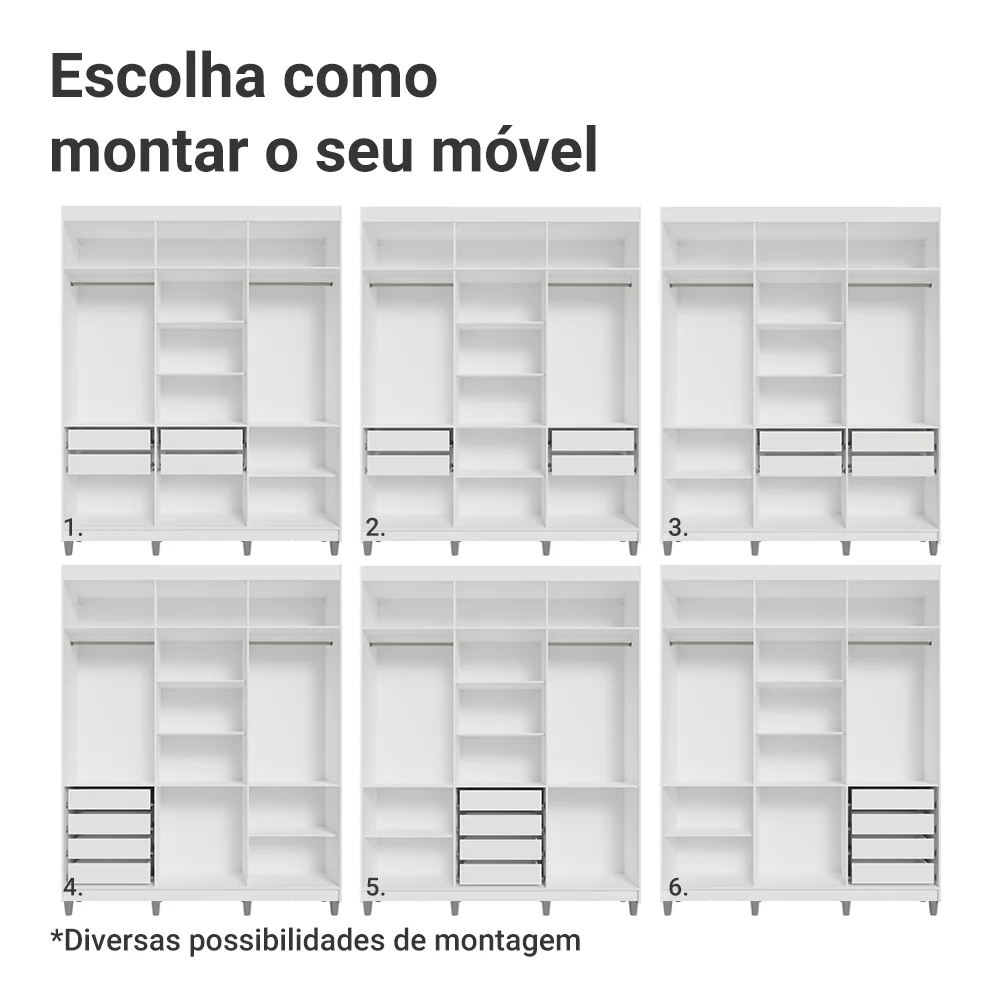 Guarda-Roupa Casal com Pés 6 Portas Batentes Branco/Branco/Rustic Venus Madesa - Image 5