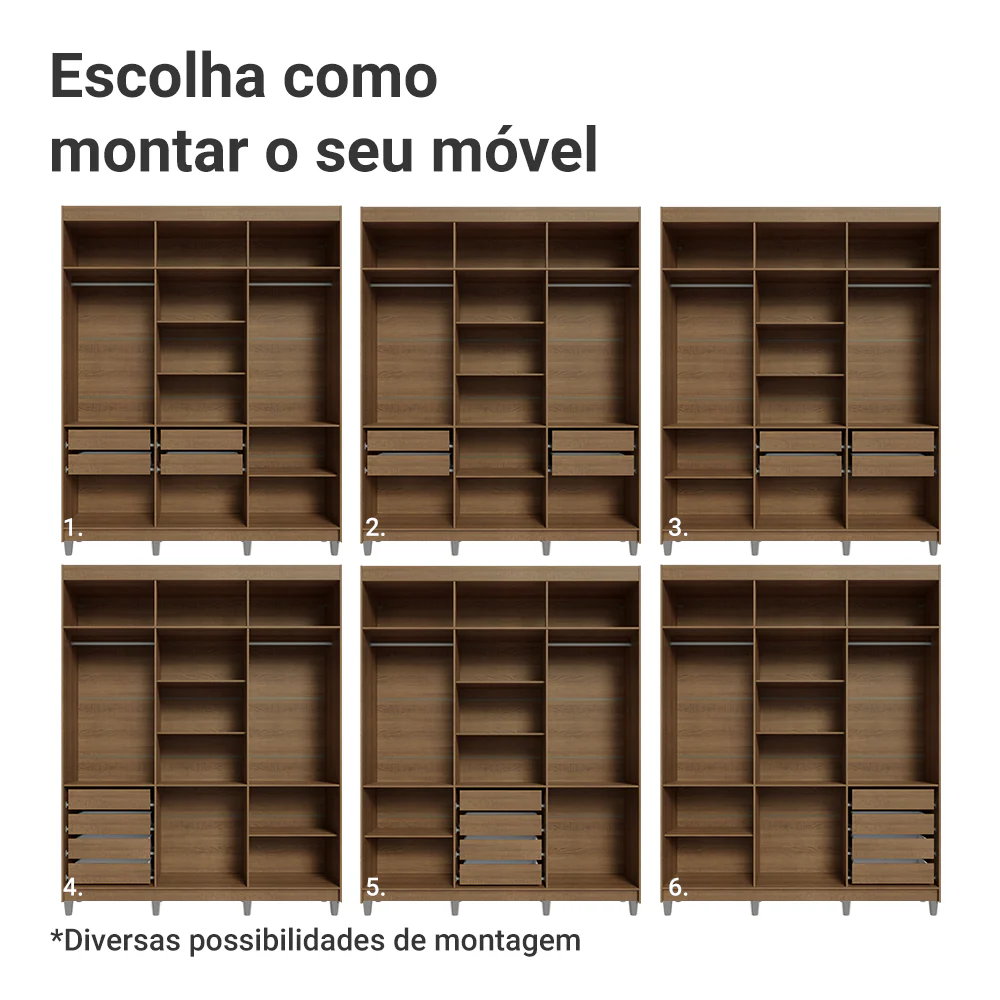 Guarda-Roupa Casal com Pés 6 Portas Batentes com Espelho Rustic/Branco/Rustic Venus Madesa - Image 5
