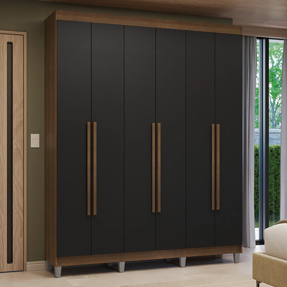 Guarda-Roupa Casal com Pés 6 Portas Batentes Rustic/Preto/Rustic Venus Madesa
