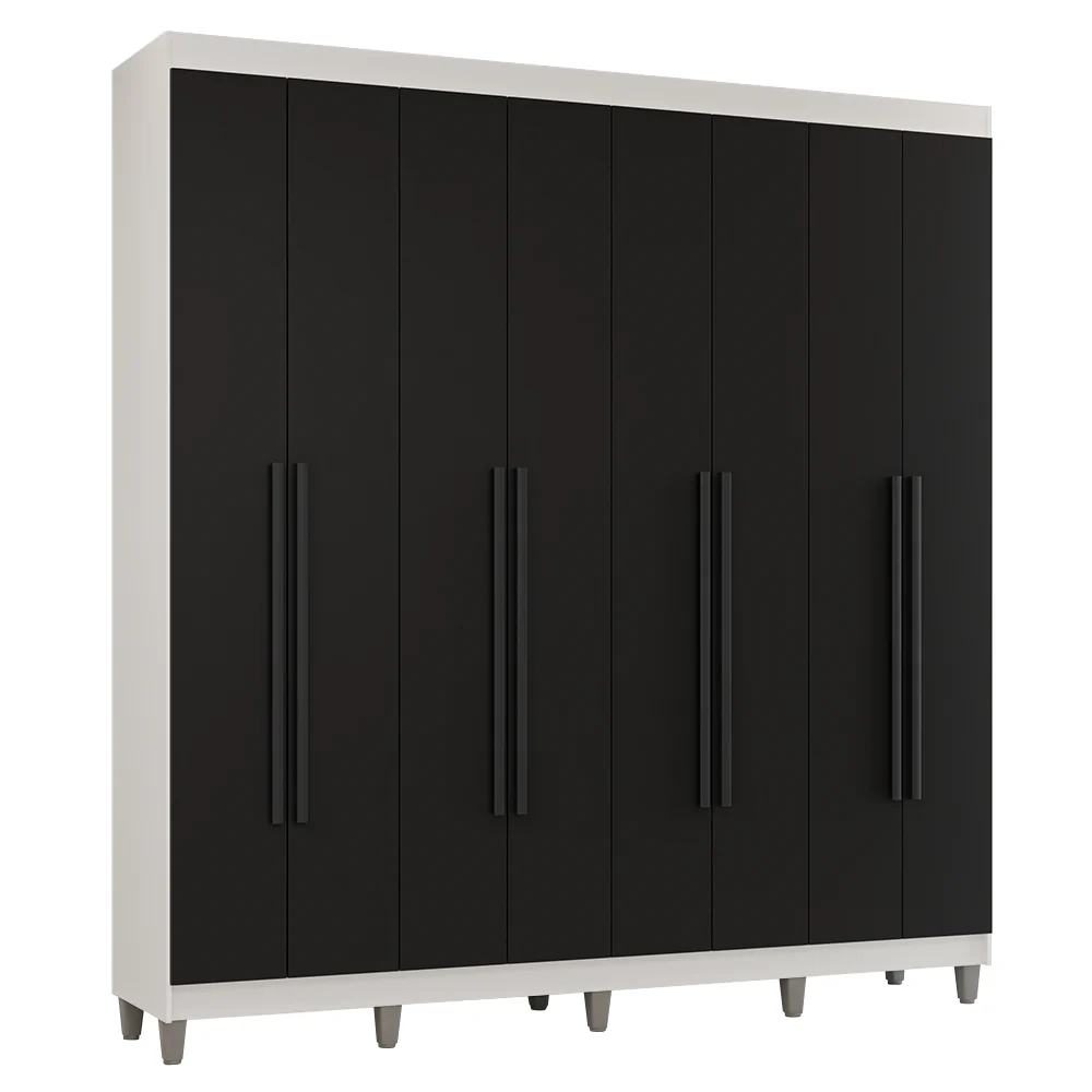Guarda-Roupa Casal com Pés 8 Portas Batentes Branco/Preto/Preto Venus Madesa - Image 2