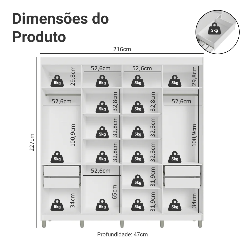 Guarda-Roupa Casal com Pés 8 Portas Batentes com Espelho Branco/Branco/Rustic Venus Madesa - Image 3
