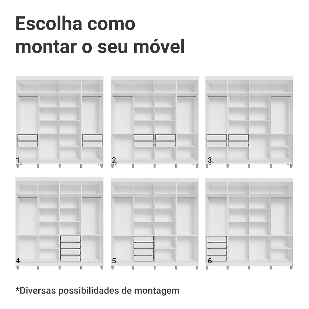 Guarda-Roupa Casal com Pés 8 Portas Batentes com Espelho Branco/Branco/Rustic Venus Madesa - Image 5