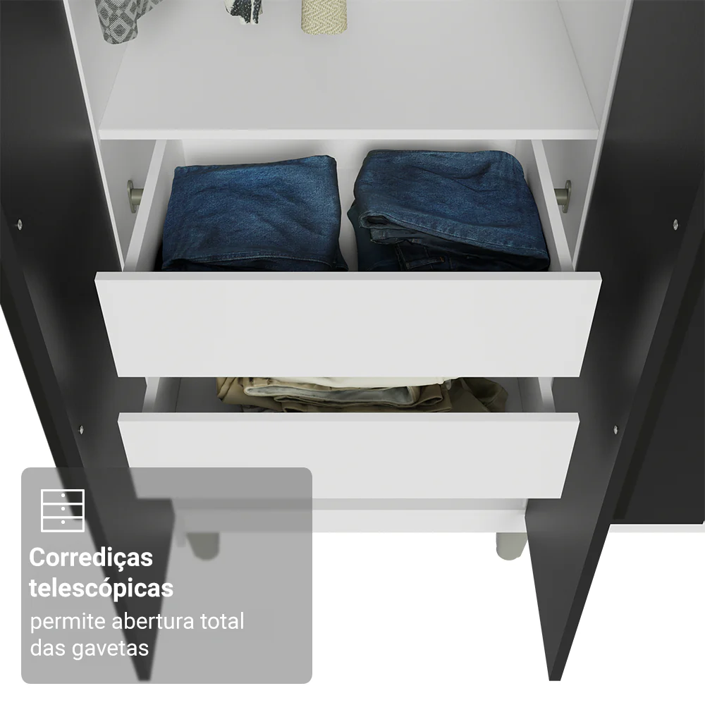 Guarda-Roupa Casal com Pés 8 Portas Batentes com Espelho Branco/Preto/Preto Venus Madesa - Image 7