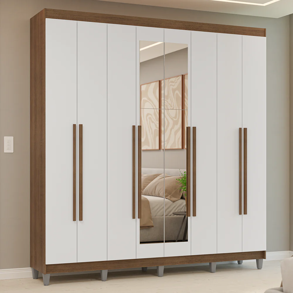 Guarda-Roupa Casal com Pés 8 Portas Batentes com Espelho Rustic/Branco/Rustic Venus Madesa