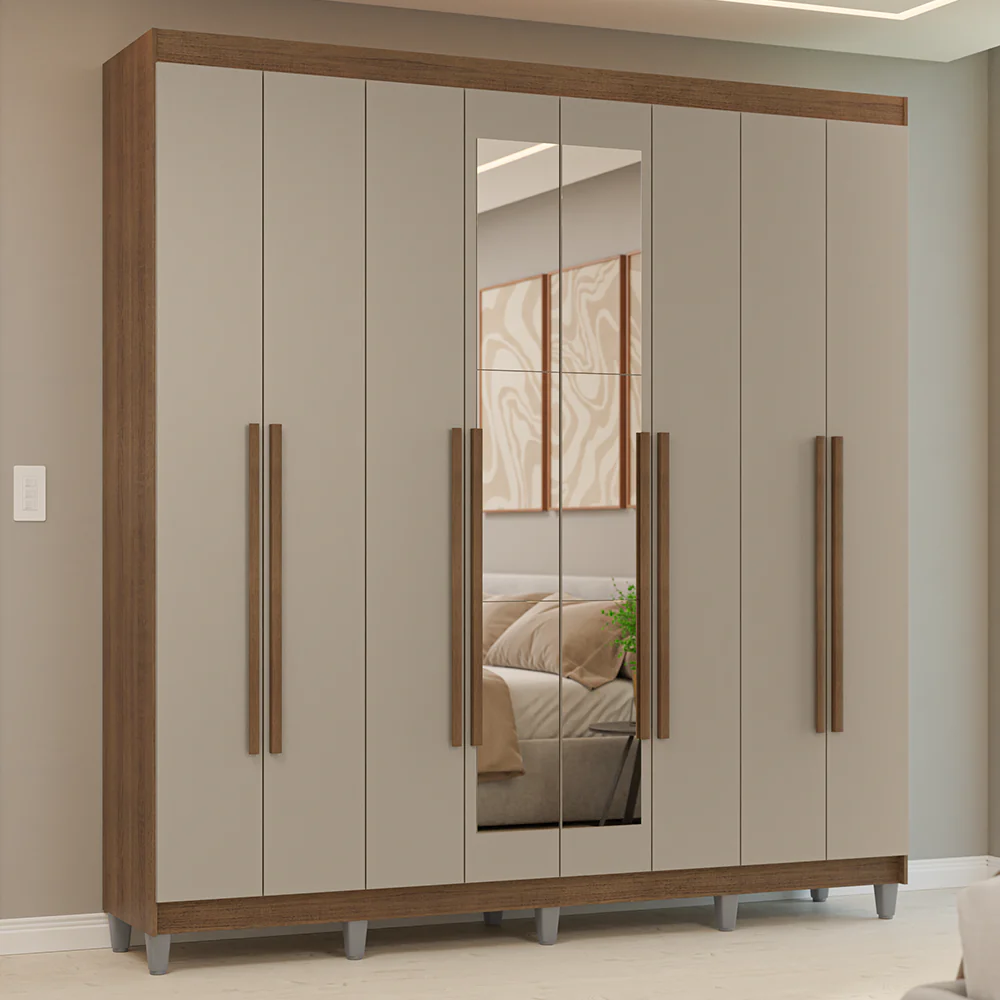 Guarda-Roupa Casal com Pés 8 Portas Batentes com Espelho Rustic/Crema/Rustic Venus Madesa