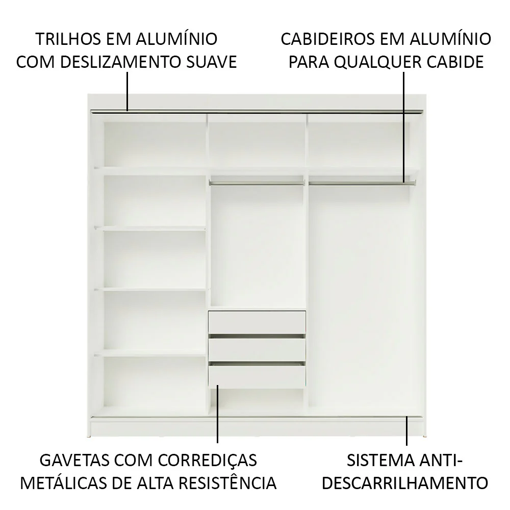 Guarda-Roupa Casal Madesa Austin 4 Portas de Correr com Espelhos 3 Gavetas Branco/Preto - Image 5