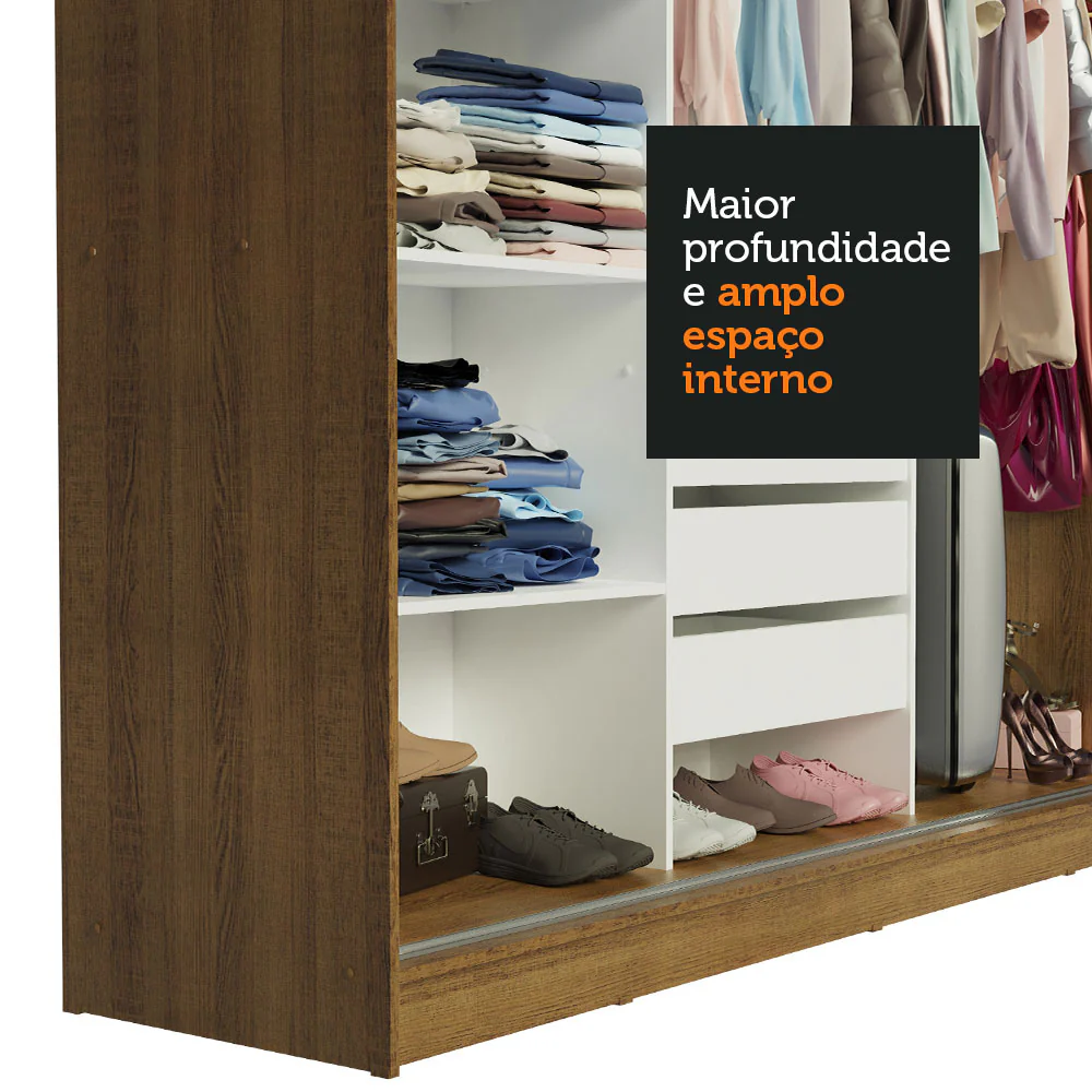 Guarda-Roupa Casal Madesa Austin 4 Portas de Correr de Espelho 3 Gavetas Rustic/Branco - Image 7