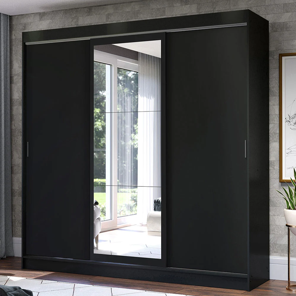 Guarda-Roupa Casal Madesa Istambul 3 Portas de Correr com Espelho 3 Gavetas Preto