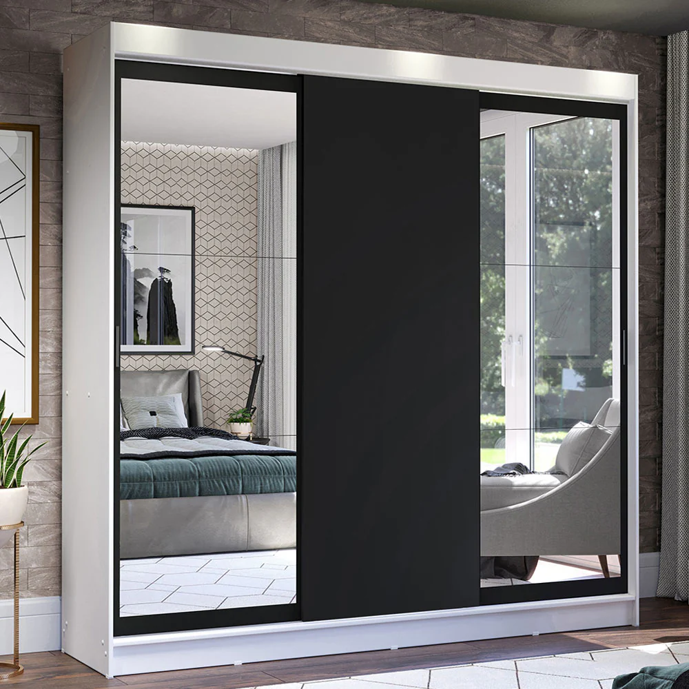 Guarda-Roupa Casal Madesa Istambul 3 Portas de Correr com Espelhos 3 Gavetas Branco/Preto