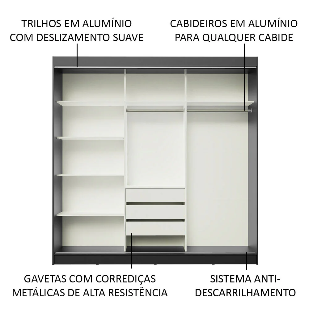 Guarda-Roupa Casal Madesa Istambul 3 Portas de Correr com Espelhos 3 Gavetas Preto/Rustic - Image 5