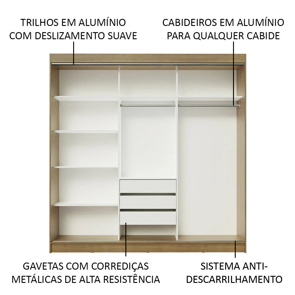 Guarda-Roupa Casal Madesa Istambul 3 Portas de Correr de Espelho 3 Gavetas Rustic/Branco - Image 5