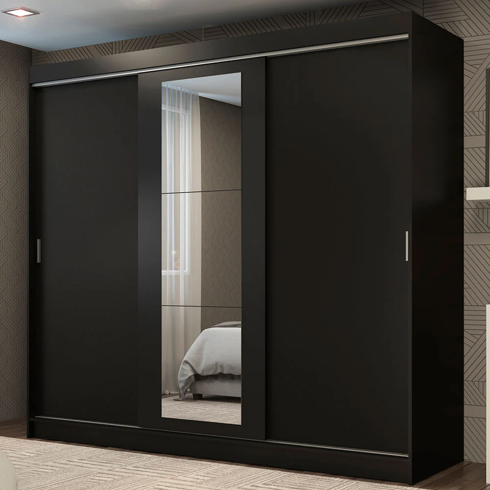 Guarda-Roupa Casal Madesa Kansas 3 Portas de Correr com Espelho 3 Gavetas Preto