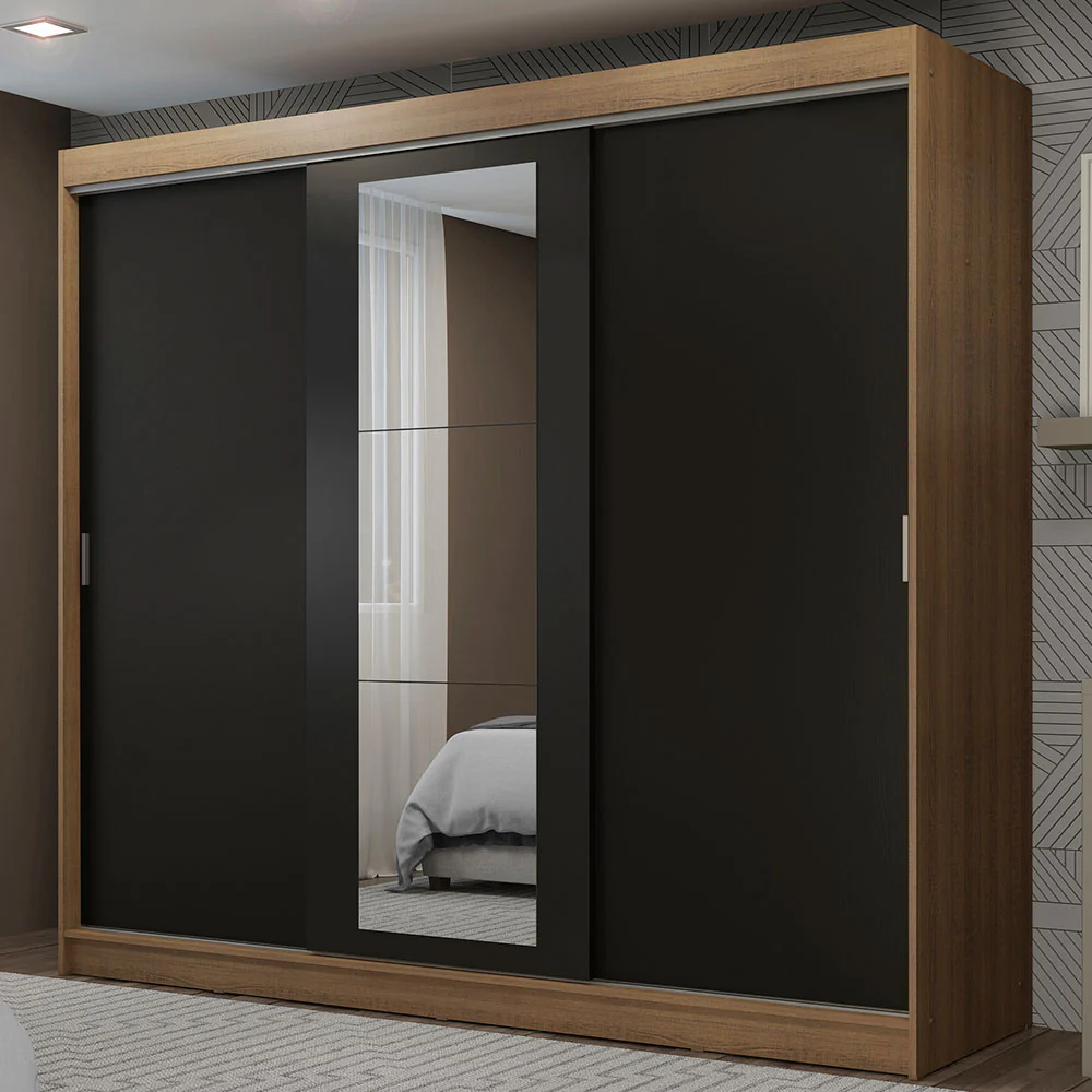 Guarda-Roupa Casal Madesa Kansas 3 Portas de Correr com Espelho 3 Gavetas Rustic/Preto