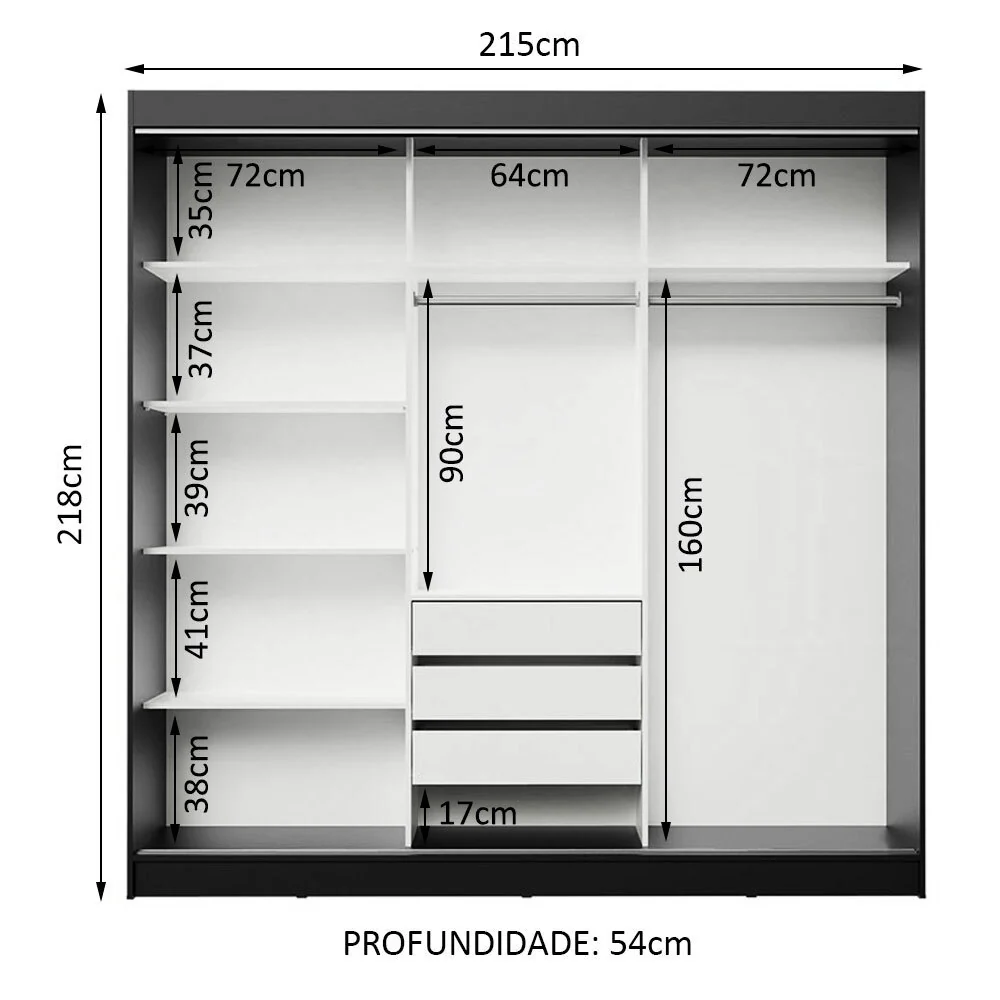 Guarda-Roupa Casal Madesa Kansas 3 Portas de Correr com Espelhos 3 Gavetas Preto/Branco - Image 11