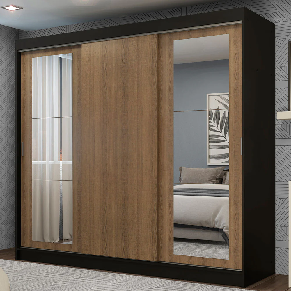 Guarda-Roupa Casal Madesa Kansas 3 Portas de Correr com Espelhos 3 Gavetas Preto/Rustic