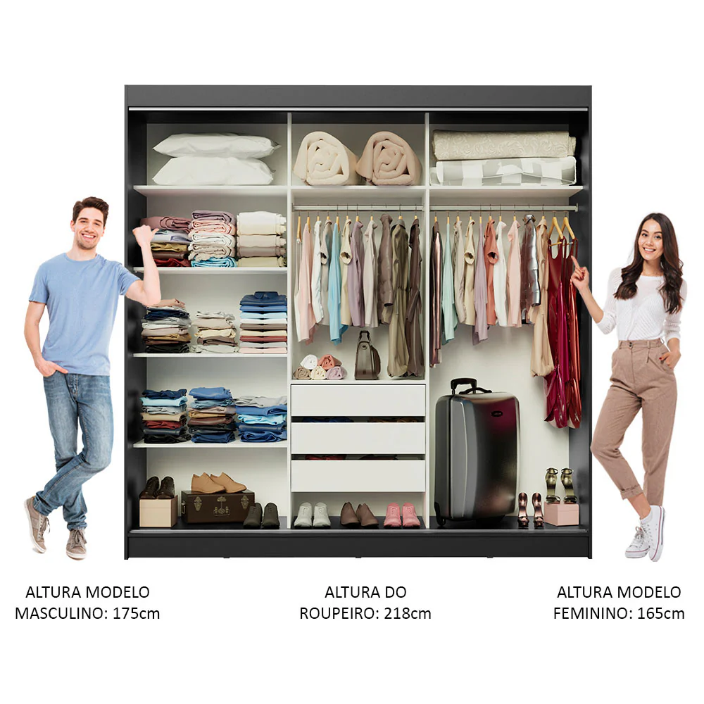 Guarda-Roupa Casal Madesa Kansas 3 Portas de Correr com Espelhos 3 Gavetas Preto/Rustic - Image 4