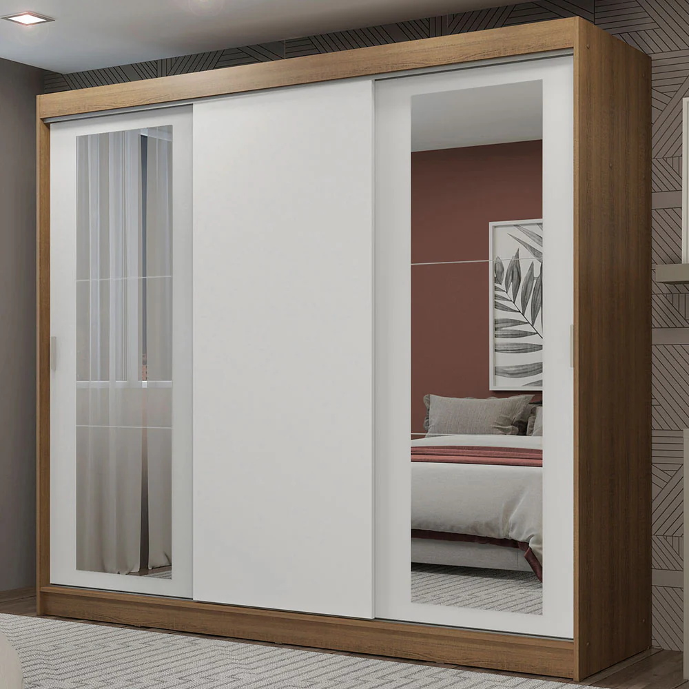 Guarda-Roupa Casal Madesa Kansas 3 Portas de Correr com Espelhos 3 Gavetas Rustic/Branco