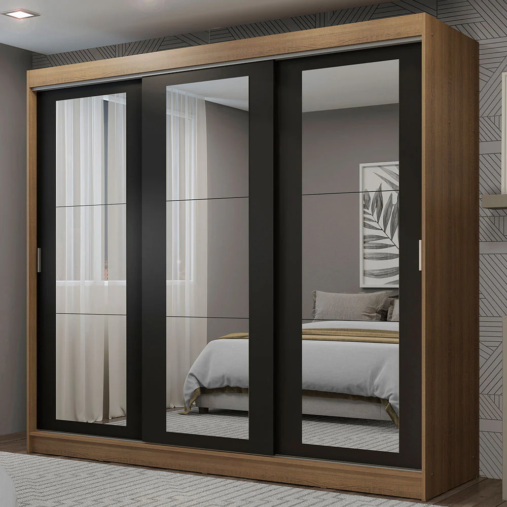 Guarda-Roupa Casal Madesa Kansas 3 Portas de Correr de Espelho 3 Gavetas Rustic/Preto