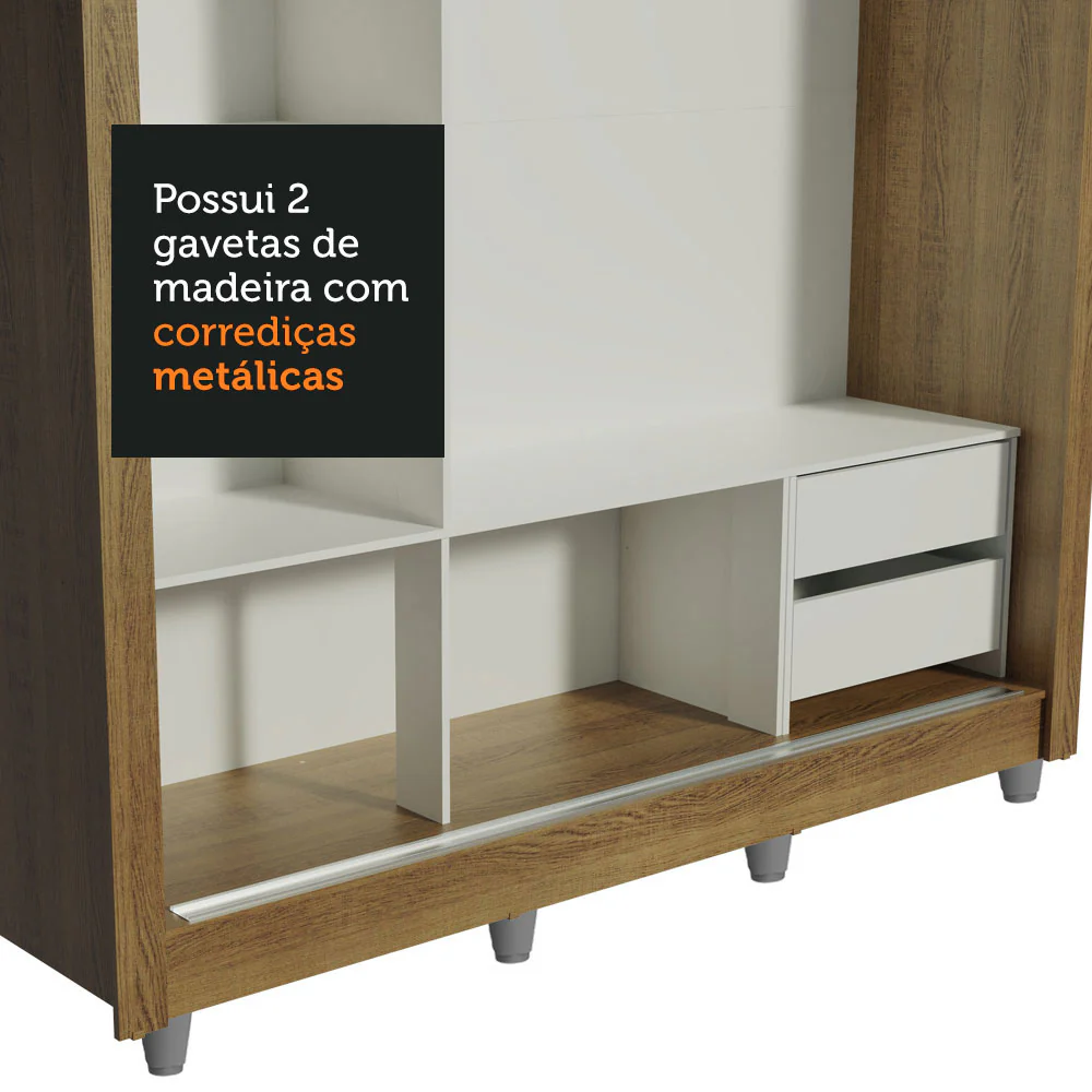Guarda-Roupa Casal Madesa Lyon 3 Portas de Correr 2 Gavetas com Pés Rustic/Branco - Image 8