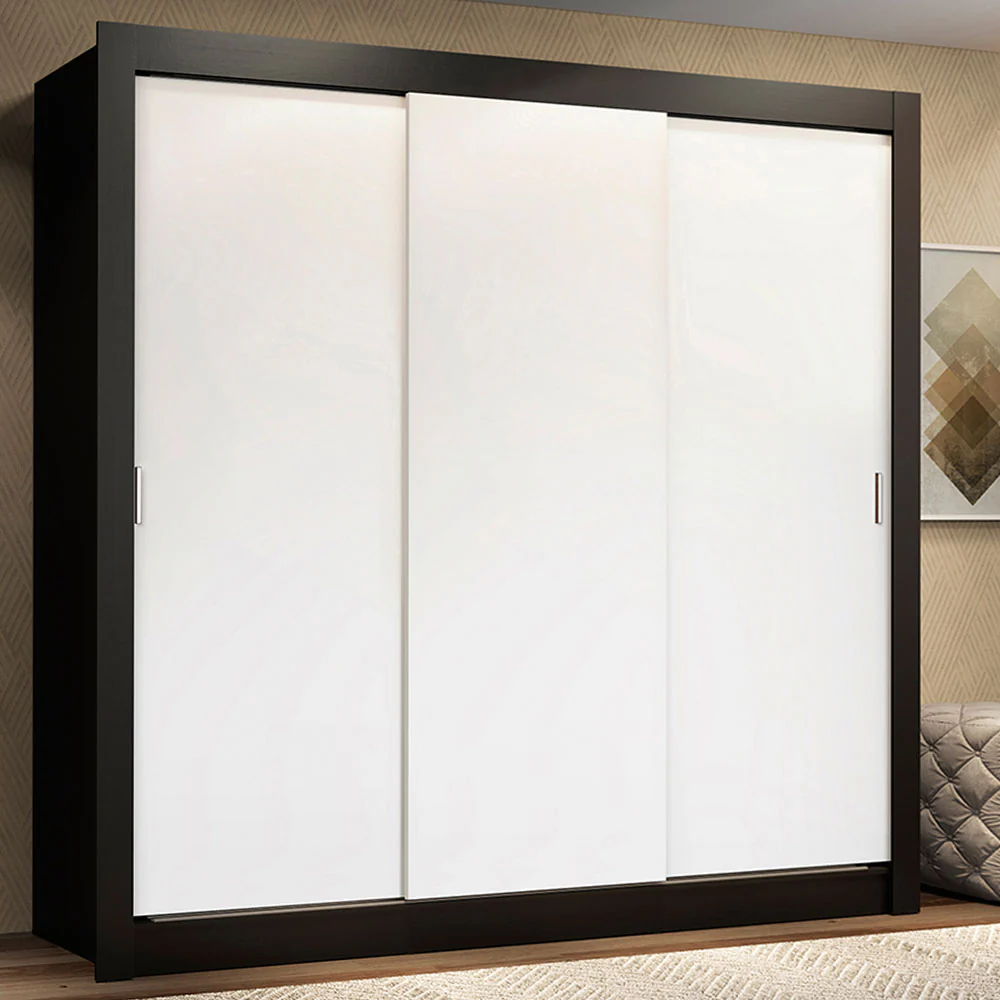Guarda-Roupa Casal Madesa Lyon 3 Portas de Correr 2 Gavetas Preto/Branco