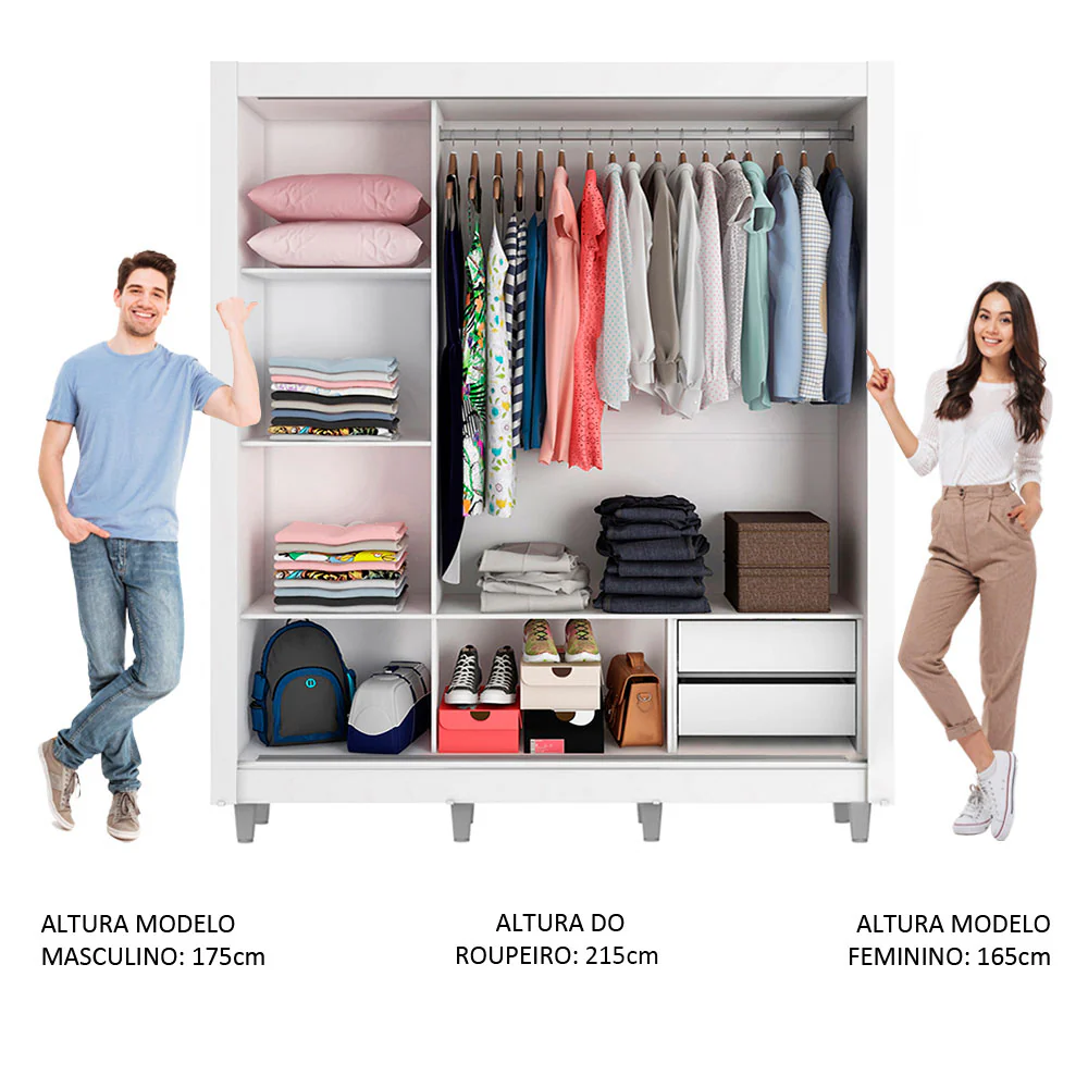 Guarda-Roupa Casal Madesa Lyon 3 Portas de Correr com Espelho 2 Gavetas com Pés Branco - Image 4