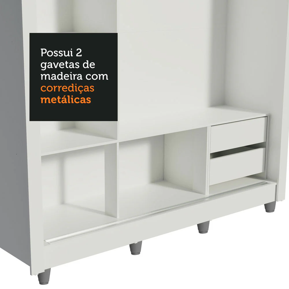 Guarda-Roupa Casal Madesa Lyon 3 Portas de Correr com Espelho 2 Gavetas com Pés Branco - Image 8