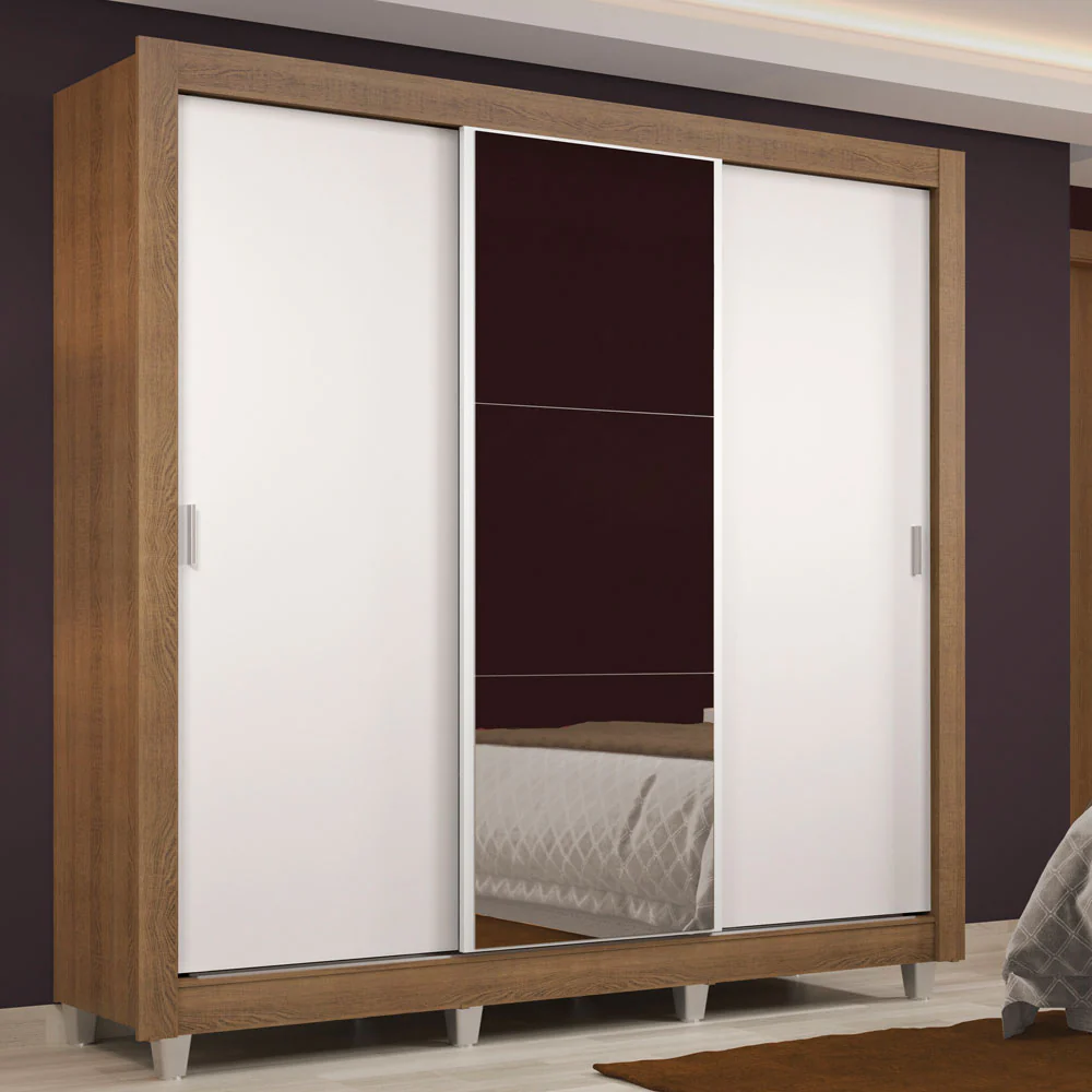 Guarda-Roupa Casal Madesa Lyon 3 Portas de Correr com Espelho 2 Gavetas com Pés Rustic/Branco