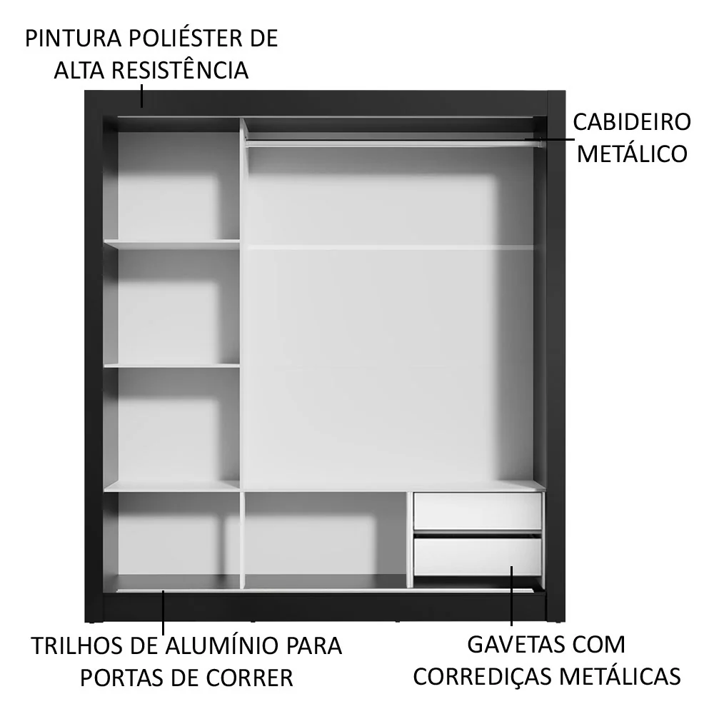 Guarda-Roupa Casal Madesa Lyon 3 Portas de Correr com Espelho 2 Gavetas Preto/Branco - Image 6