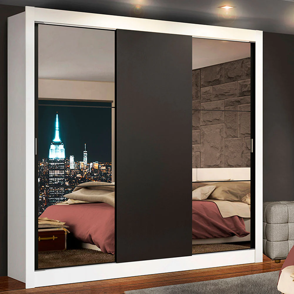 Guarda-Roupa Casal Madesa Lyon 3 Portas de Correr com Espelhos 2 Gavetas Branco/Preto