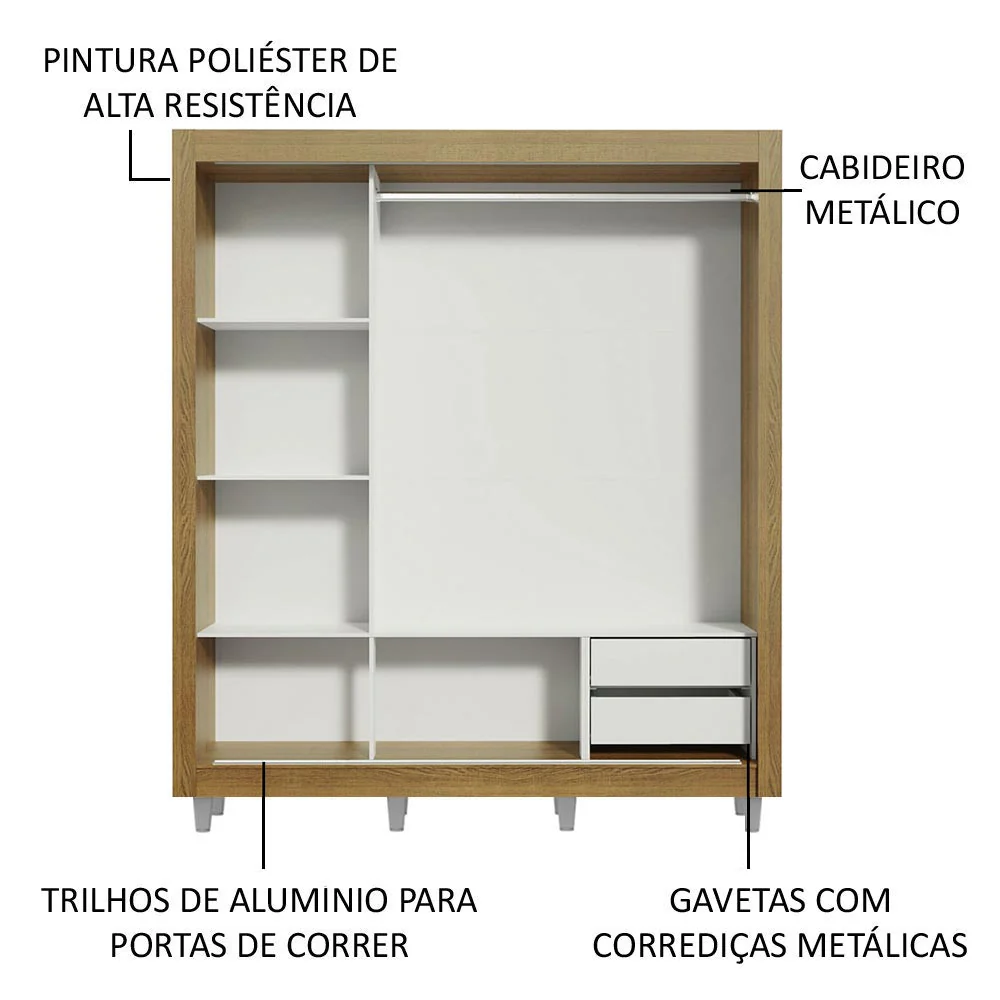 Guarda-Roupa Casal Madesa Lyon 3 Portas de Correr com Espelhos 2 Gavetas com Pés Rustic - Image 5