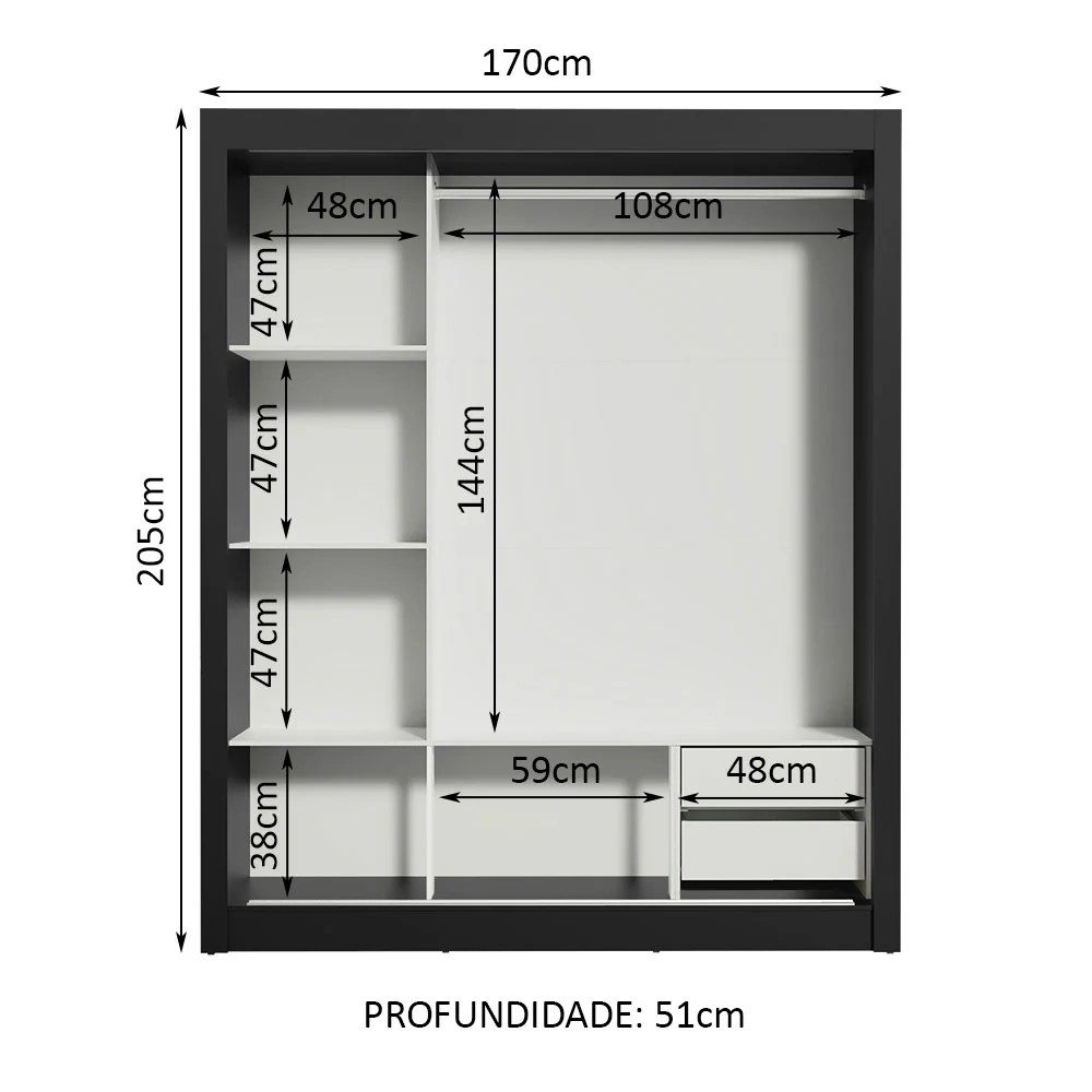 Guarda-Roupa Casal Madesa Lyon 3 Portas de Correr com Espelhos 2 Gavetas Preto/Branco - Image 4