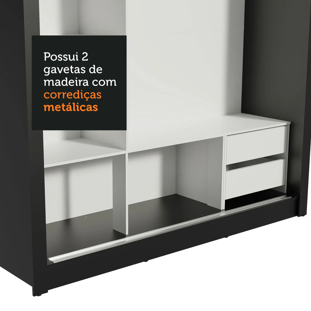 Guarda-Roupa Casal Madesa Lyon 3 Portas de Correr com Espelhos 2 Gavetas Preto/Branco - Image 9