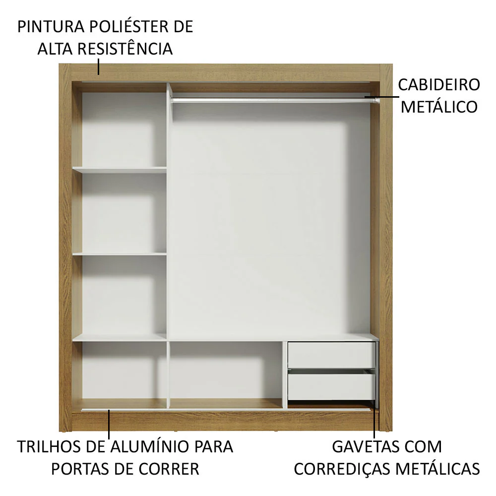 Guarda-Roupa Casal Madesa Lyon 3 Portas de Correr com Espelhos 2 Gavetas Rustic/Branco - Image 6
