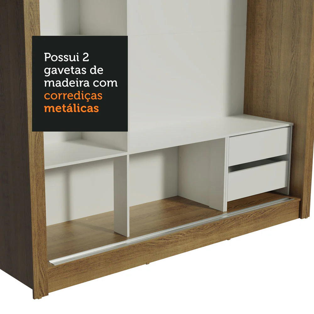 Guarda-Roupa Casal Madesa Lyon 3 Portas de Correr com Espelhos 2 Gavetas Rustic/Branco - Image 9