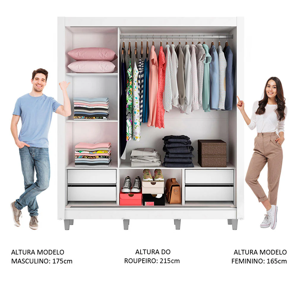 Guarda-Roupa Casal Madesa Lyon Plus 3 Portas de Correr 4 Gavetas com Pés Branco - Image 4