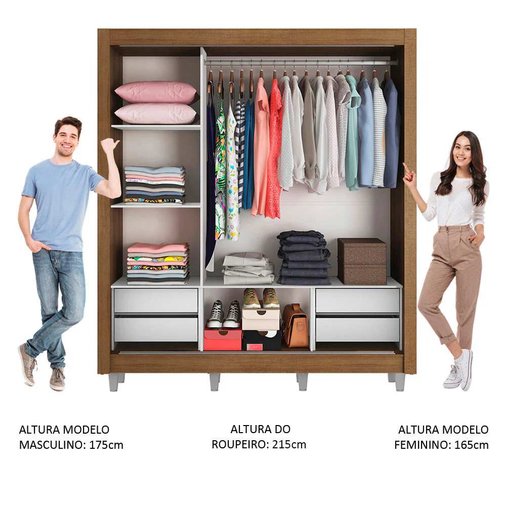 Guarda-Roupa Casal Madesa Lyon Plus 3 Portas de Correr 4 Gavetas com Pés Rustic/Branco - Image 4